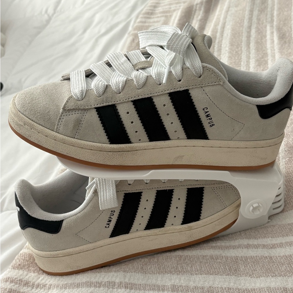 adidas Campus Suede Sneakers in Light Gray with Black Stripes and Gum Sole